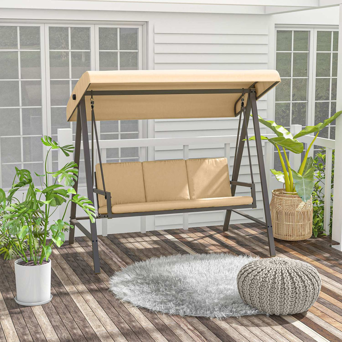 Hollywood Swing 3-Seater Swing Bench With Adjustable Roof, Swing Bench With Back Cushion, Garden Swing With A Load Capacity Of Up To 360 Kg, Beige