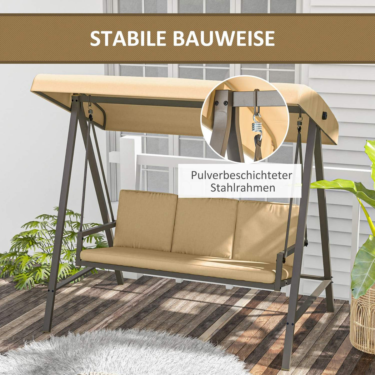 Hollywood Swing 3-Seater Swing Bench With Adjustable Roof, Swing Bench With Back Cushion, Garden Swing With A Load Capacity Of Up To 360 Kg, Beige