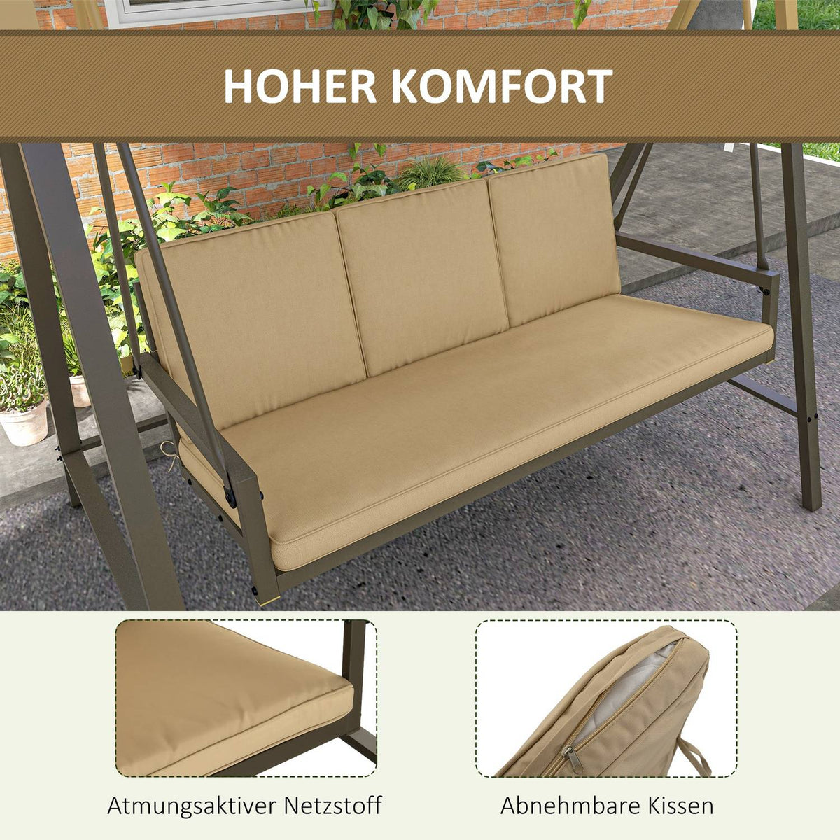 Hollywood Swing 3-Seater Swing Bench With Adjustable Roof, Swing Bench With Back Cushion, Garden Swing With A Load Capacity Of Up To 360 Kg, Beige