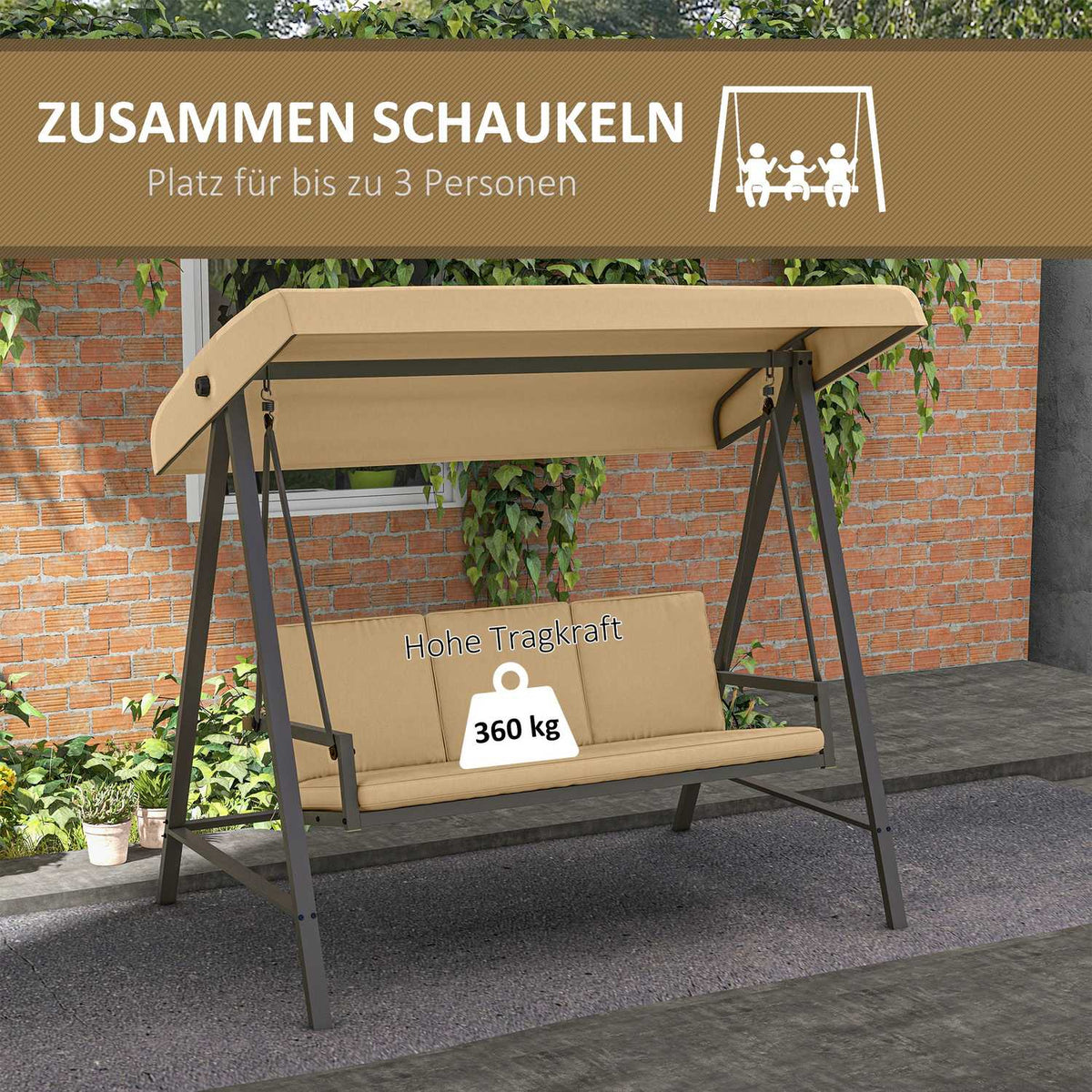Hollywood Swing 3-Seater Swing Bench With Adjustable Roof, Swing Bench With Back Cushion, Garden Swing With A Load Capacity Of Up To 360 Kg, Beige
