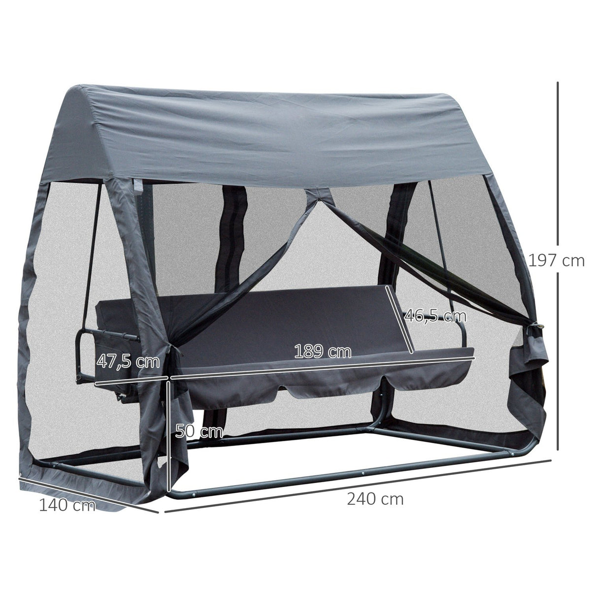 Hollywood Swing Bench Garden Lounger 3-Seater With Side Walls Gray 240X135X197Cm