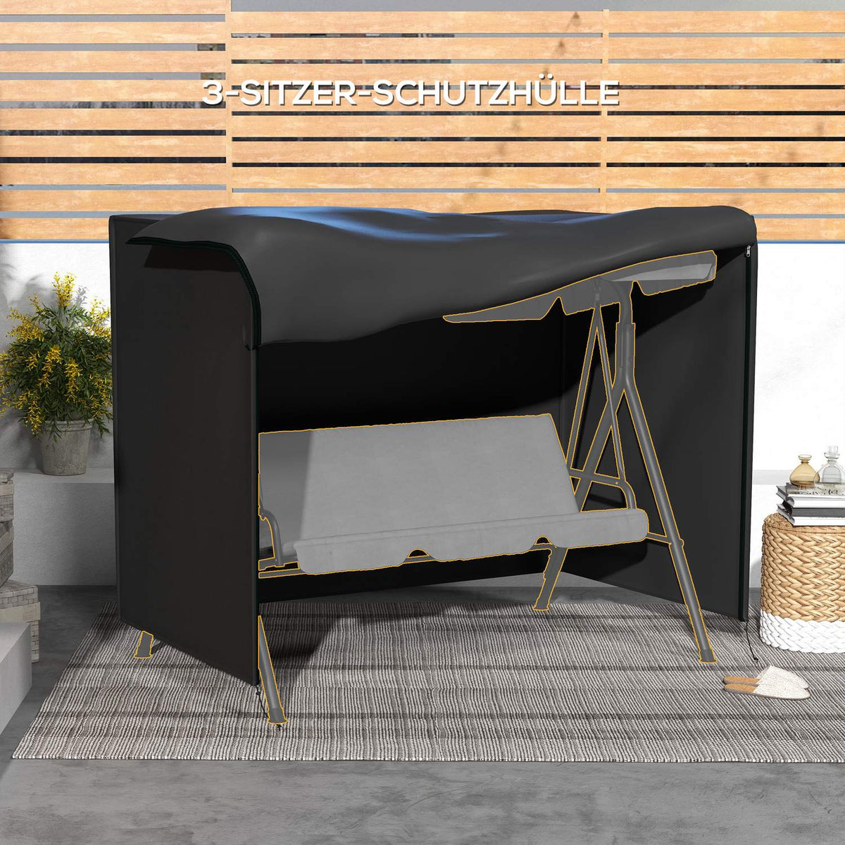 Hollywood Swing Cover 3 Seater, Water-Repellent Winterproof Protective Cover for Garden Swing, UV-Resistant Tarpaulin, Cover, Tear-Resistant 600D Oxford Fabric, 205x124x164cm Black