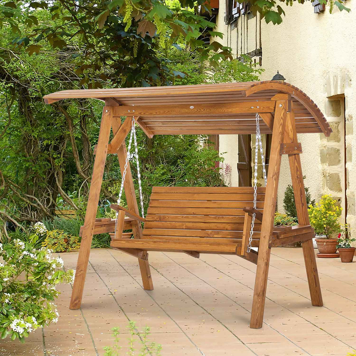 Hollywood Swing Garden Lounger 2 People Swing Bench Swing With Adjustable Roof Pine Wood 189 X 162 X 180 Cm