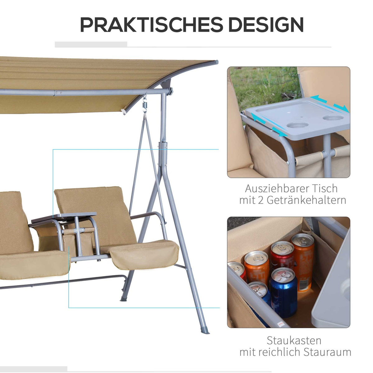 Hollywood Swing Garden Swing 2-Seater With Sun Canopy Beige 175 X 112 X 165 Cm