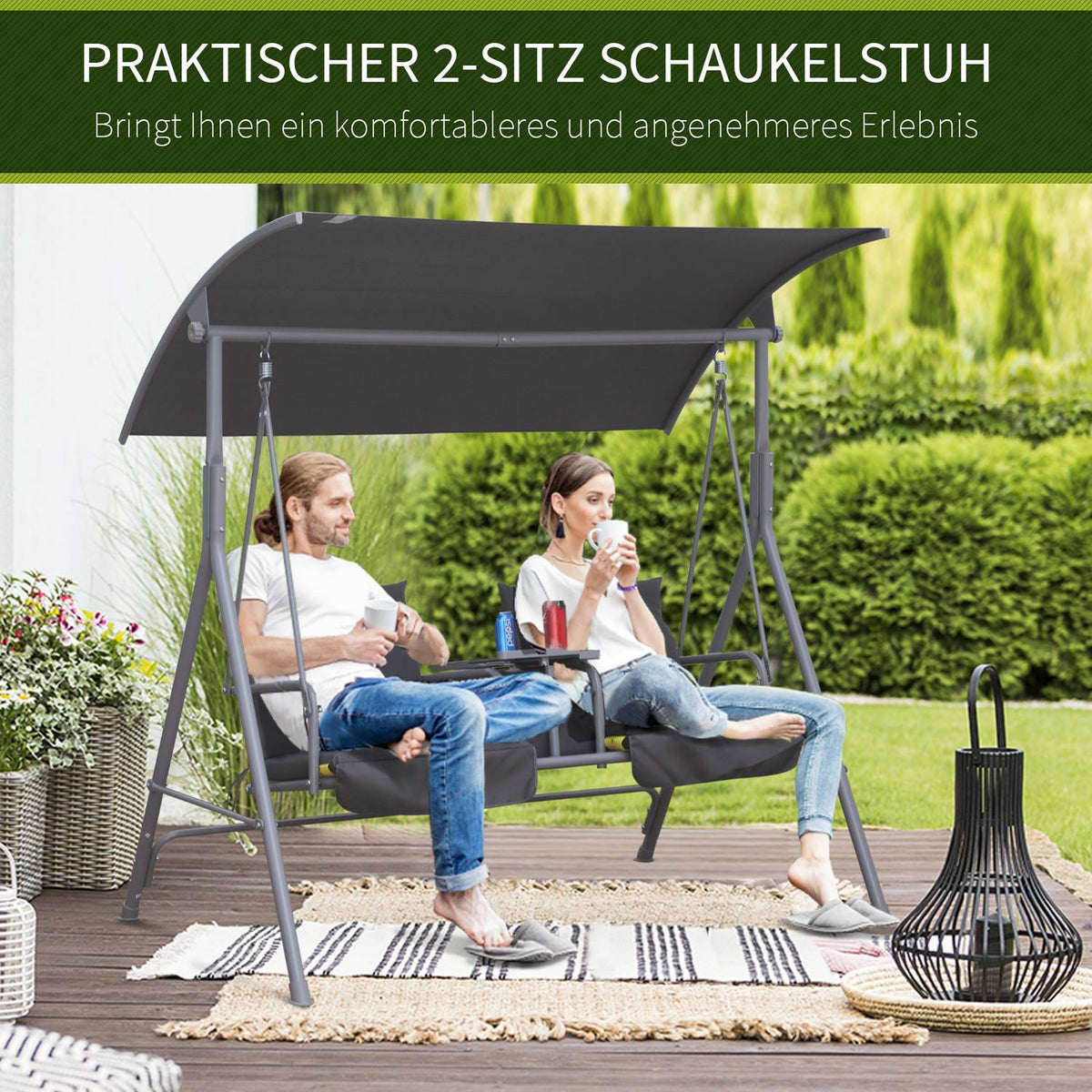 Hollywood Swing Garden Swing 2-Seater With Sun Canopy Gray 175 X 112 X 165 Cm
