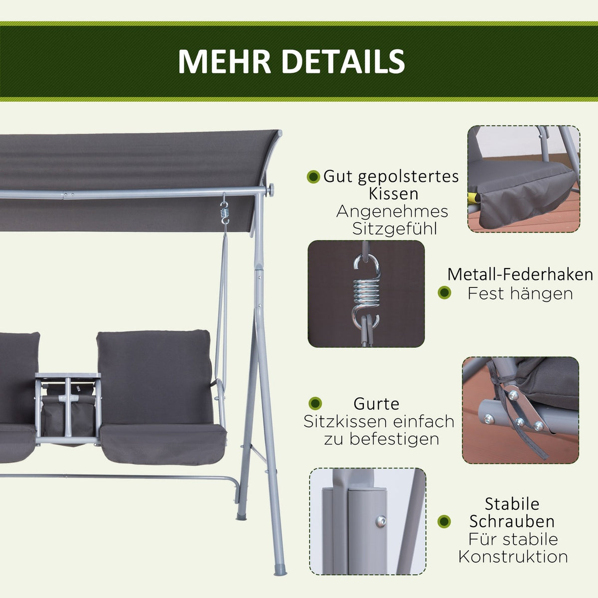 Hollywood Swing Garden Swing 2-Seater With Sun Canopy Gray 175 X 112 X 165 Cm