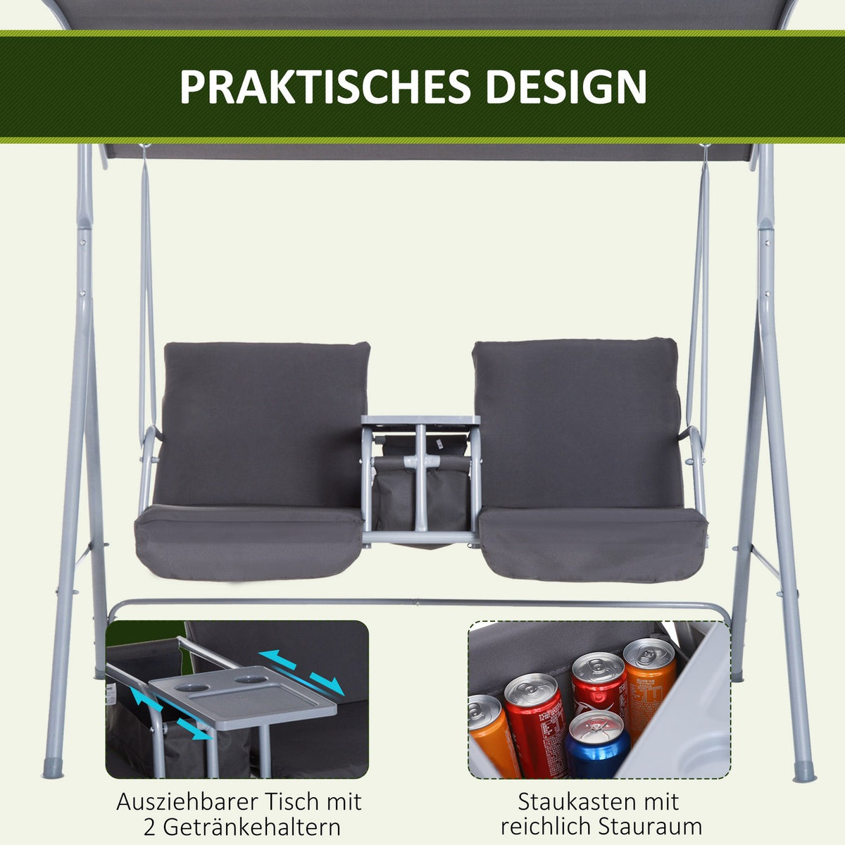 Hollywood Swing Garden Swing 2-Seater With Sun Canopy Gray 175 X 112 X 165 Cm