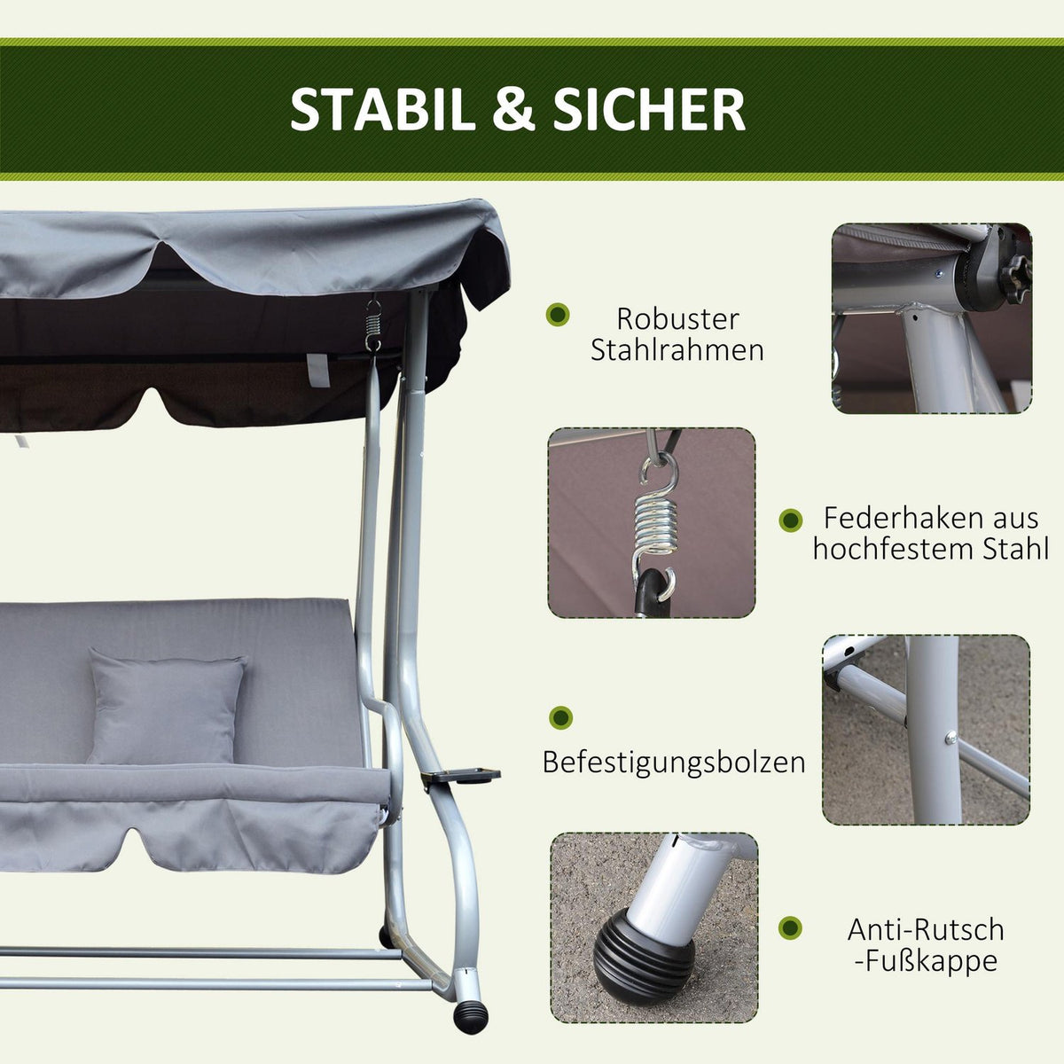 Hollywood Swing Garden Swing 3-Seater Reclining Function Steel Gray 200X120X164Cm