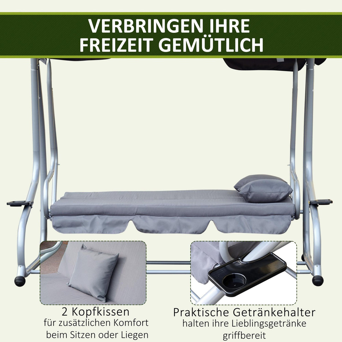 Hollywood Swing Garden Swing 3-Seater Reclining Function Steel Gray 200X120X164Cm