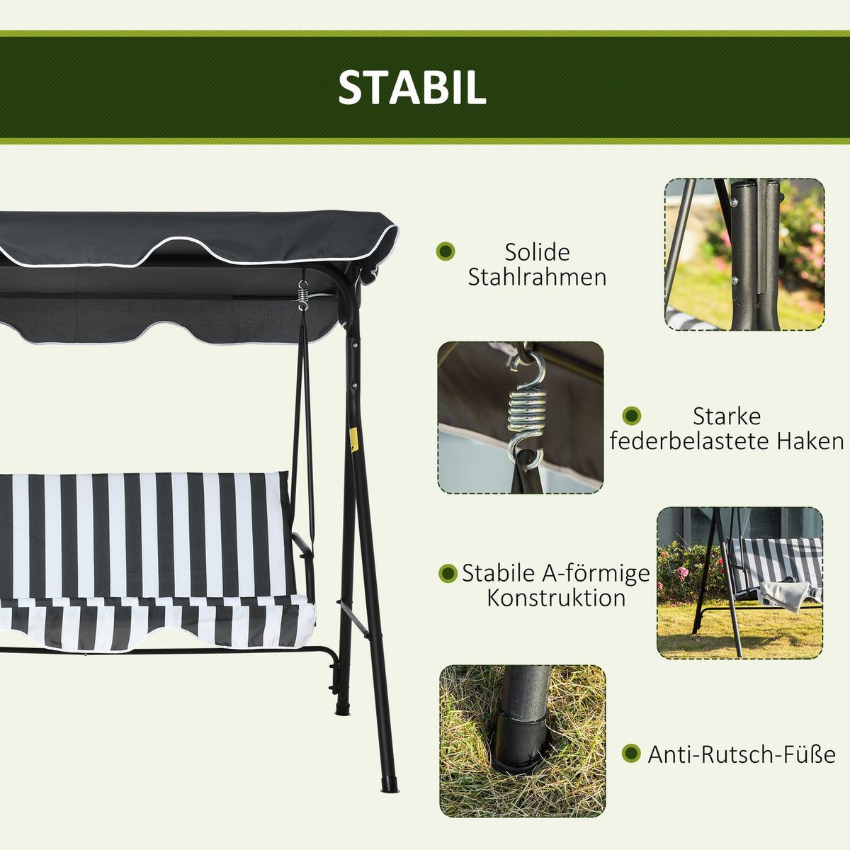 Hollywood Swing Garden Swing Bench 3-Seater With Roof Steel Gray + White 172 X 110 X 153 Cm