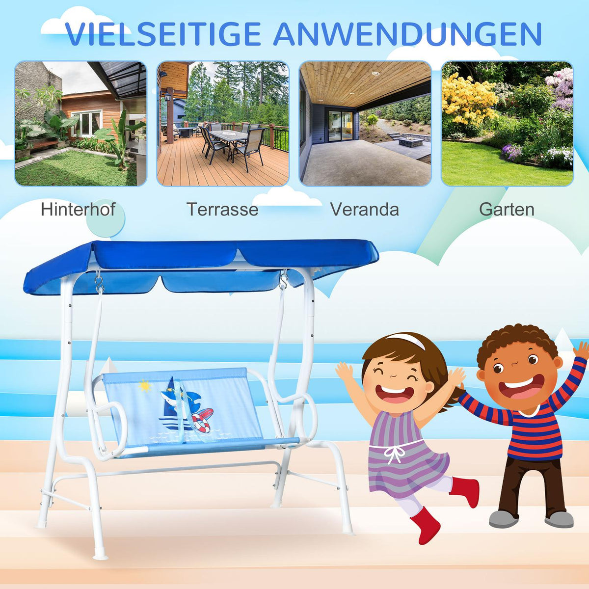 Hollywood Swing Garden Swing For Children, 2-Seater With Adjustable Sun Canopy, Metal, Blue, 110X74X113Cm