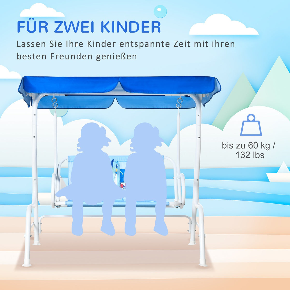 Hollywood Swing Garden Swing For Children, 2-Seater With Adjustable Sun Canopy, Metal, Blue, 110X74X113Cm