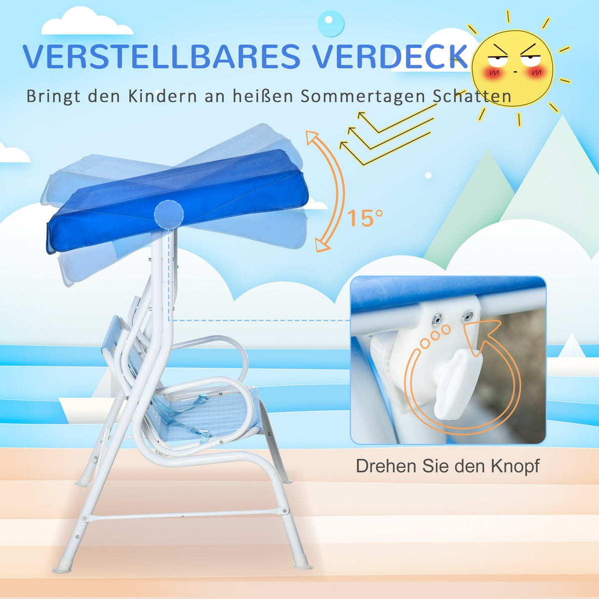 Hollywood Swing Garden Swing For Children, 2-Seater With Adjustable Sun Canopy, Metal, Blue, 110X74X113Cm
