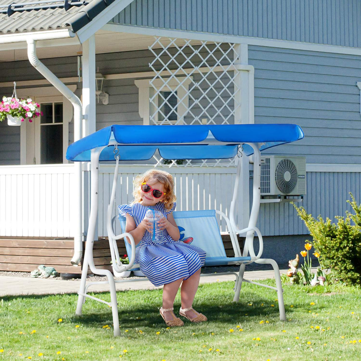 Hollywood Swing Garden Swing For Children, 2-Seater With Adjustable Sun Canopy, Metal, Blue, 110X74X113Cm