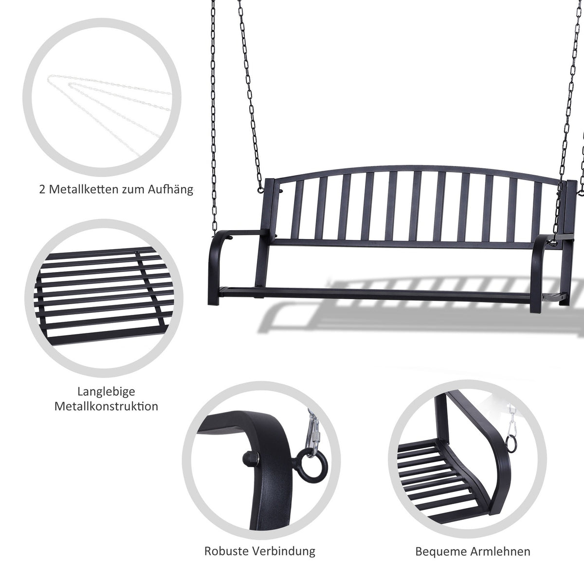 Hollywood Swing Garden Swing Hanging Bench 2-Seater Swing Bench With Chains Metal Black 127 X 60 X 53 Cm