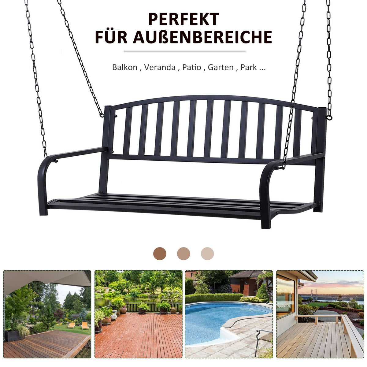 Hollywood Swing Garden Swing Hanging Bench 2-Seater Swing Bench With Chains Metal Black 127 X 60 X 53 Cm