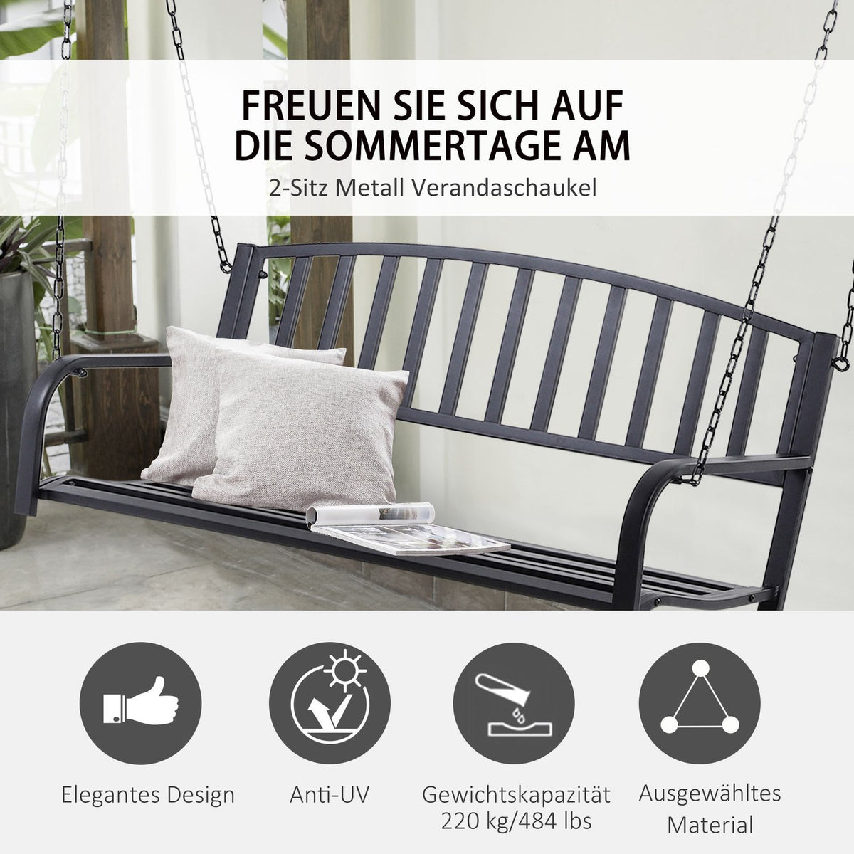 Hollywood Swing Garden Swing Hanging Bench 2-Seater Swing Bench With Chains Metal Black 127 X 60 X 53 Cm