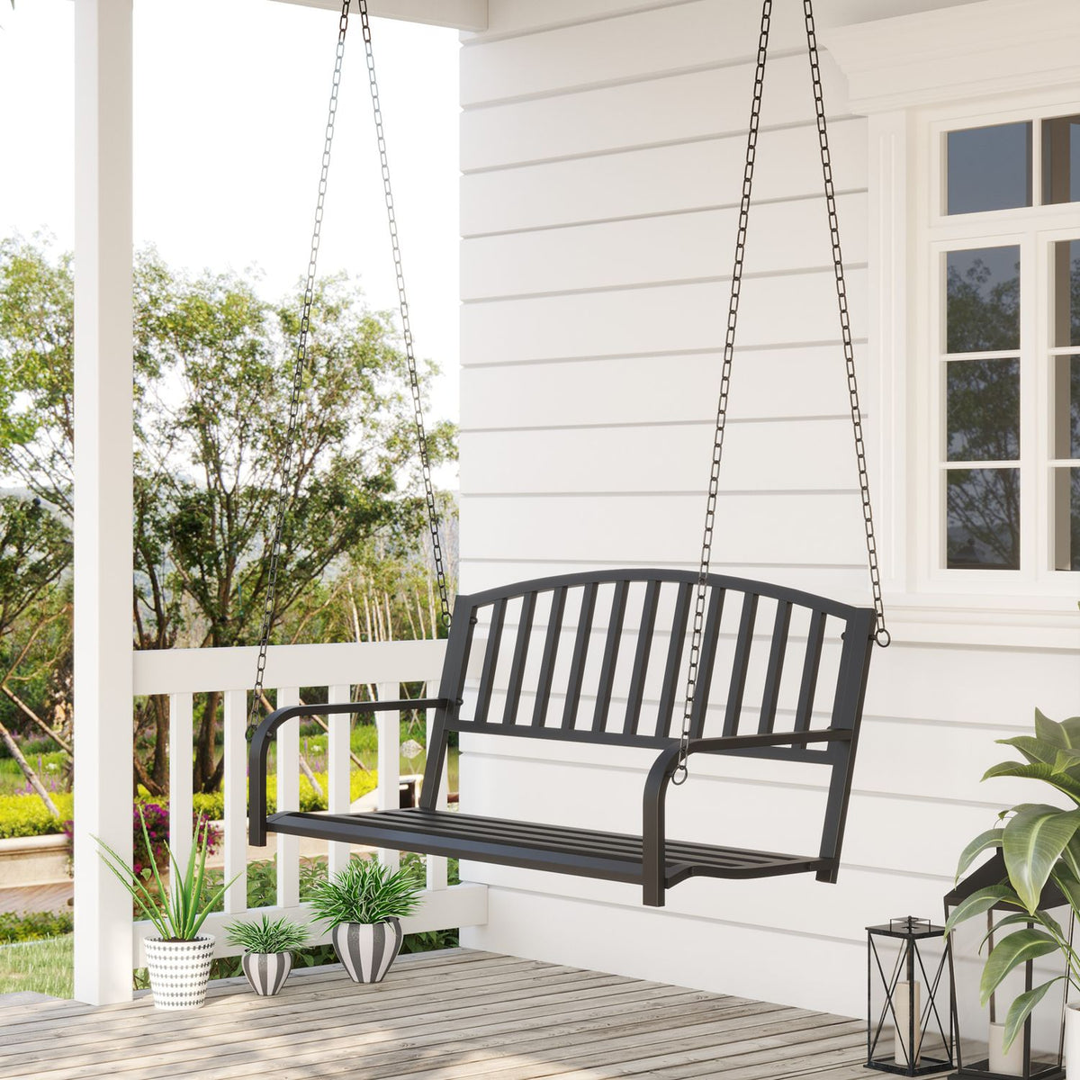 Hollywood Swing Garden Swing Hanging Bench 2-Seater Swing Bench With Chains Metal Black 127 X 60 X 53 Cm