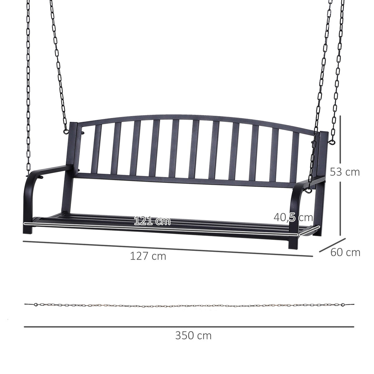 Hollywood Swing Garden Swing Hanging Bench 2-Seater Swing Bench With Chains Metal Black 127 X 60 X 53 Cm