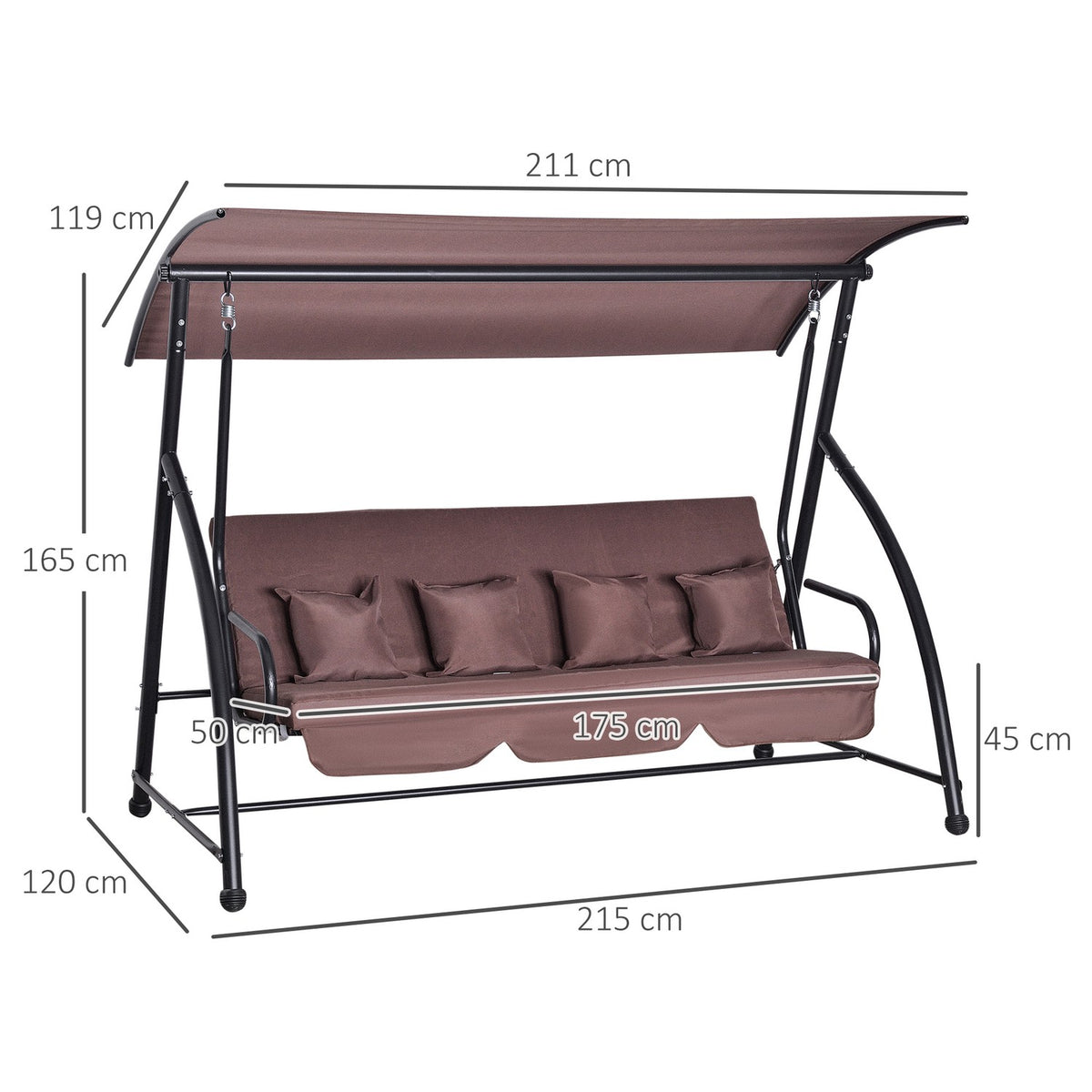 Hollywood Swing Garden Swing Hanging Bench 3 Seater Swing With Adjustable Roof Reclining Function Polyester Brown 215 X 120 X 165 Cm
