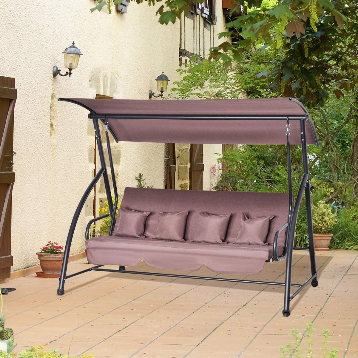 Hollywood Swing Garden Swing Hanging Bench 3 Seater Swing With Adjustable Roof Reclining Function Polyester Brown 215 X 120 X 165 Cm