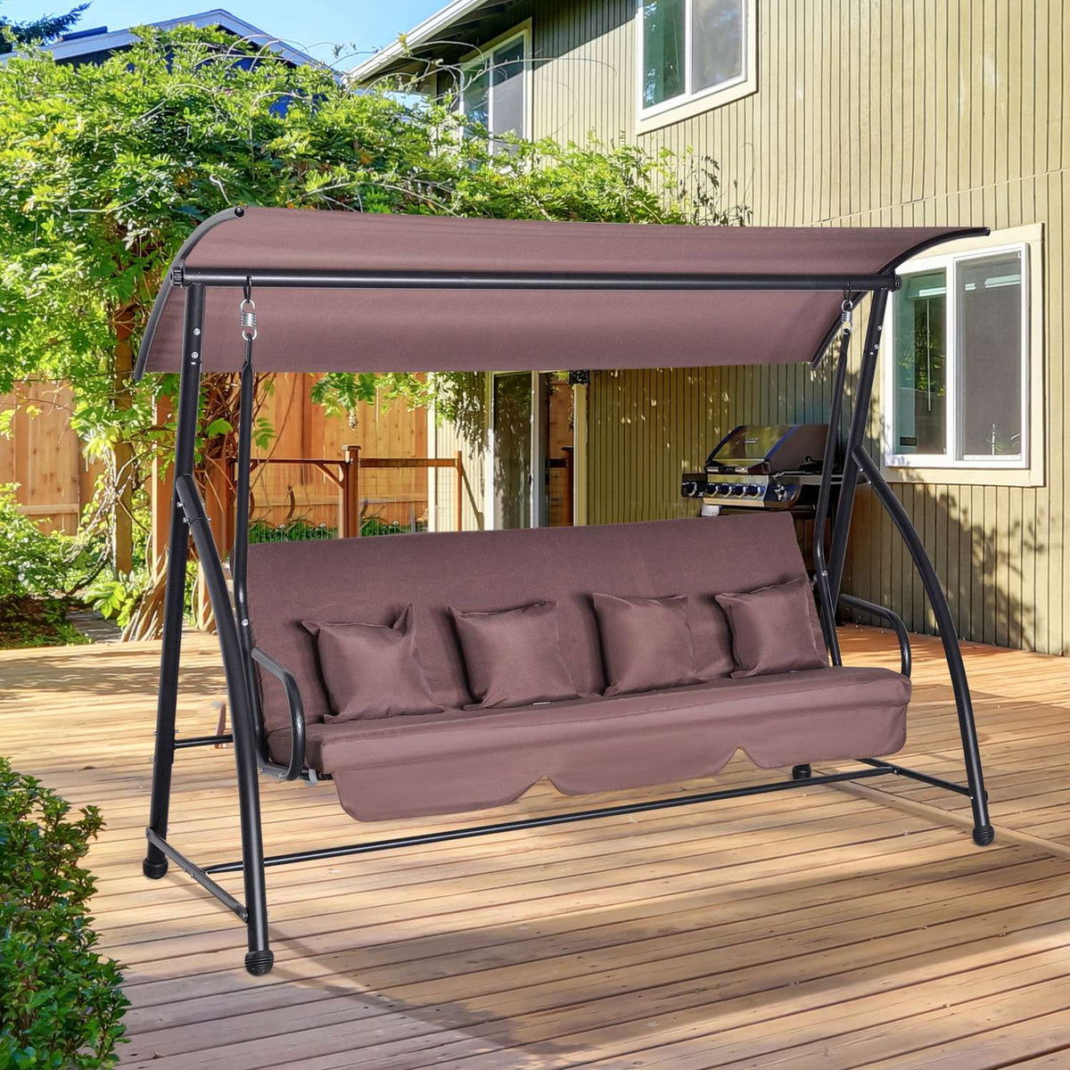 Hollywood Swing Garden Swing Hanging Bench 3 Seater Swing With Adjustable Roof Reclining Function Polyester Brown 215 X 120 X 165 Cm