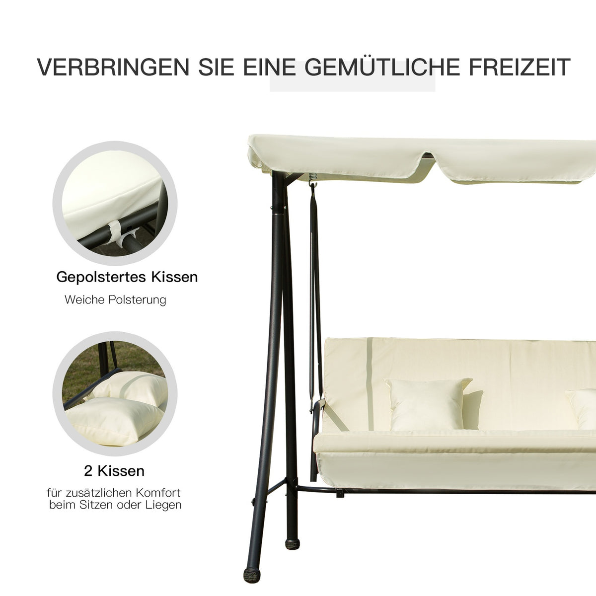Hollywood Swing Garden Swing Swing Bench With Reclining Function, 3 Seater, Metal + Polyester, White, 200 X 125 X 170 Cm