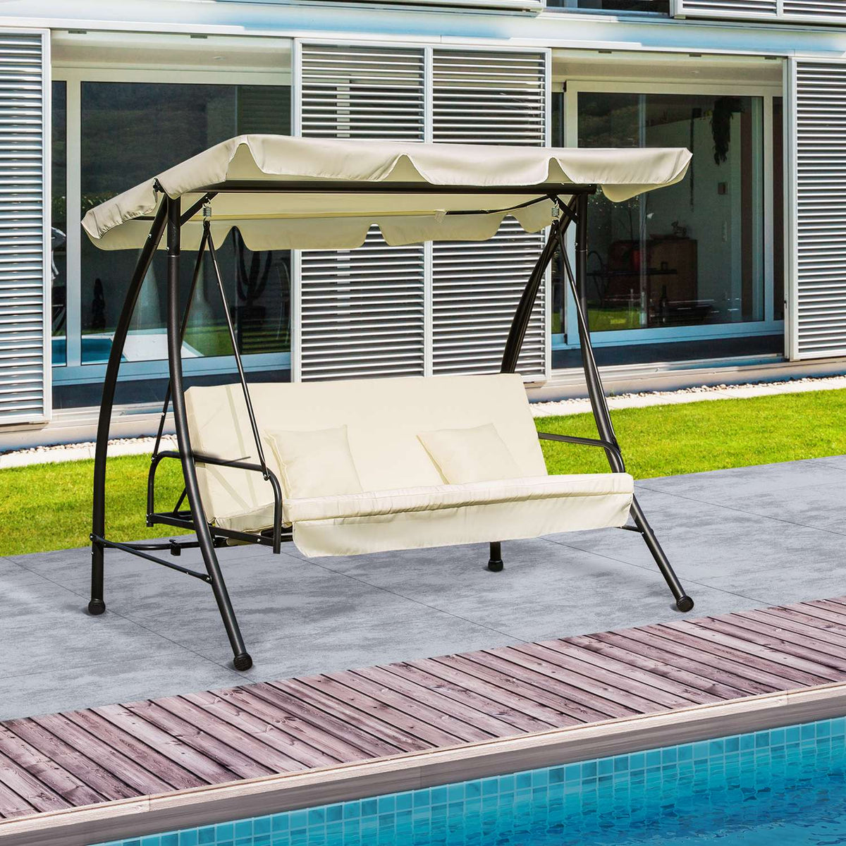 Hollywood Swing Garden Swing Swing Bench With Reclining Function, 3 Seater, Metal + Polyester, White, 200 X 125 X 170 Cm