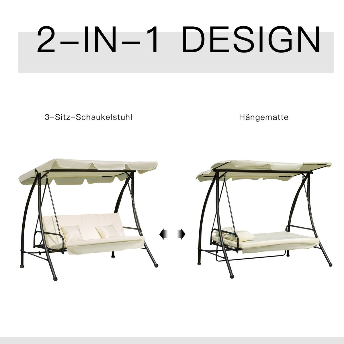 Hollywood Swing Garden Swing Swing Bench With Reclining Function, 3 Seater, Metal + Polyester, White, 200 X 125 X 170 Cm