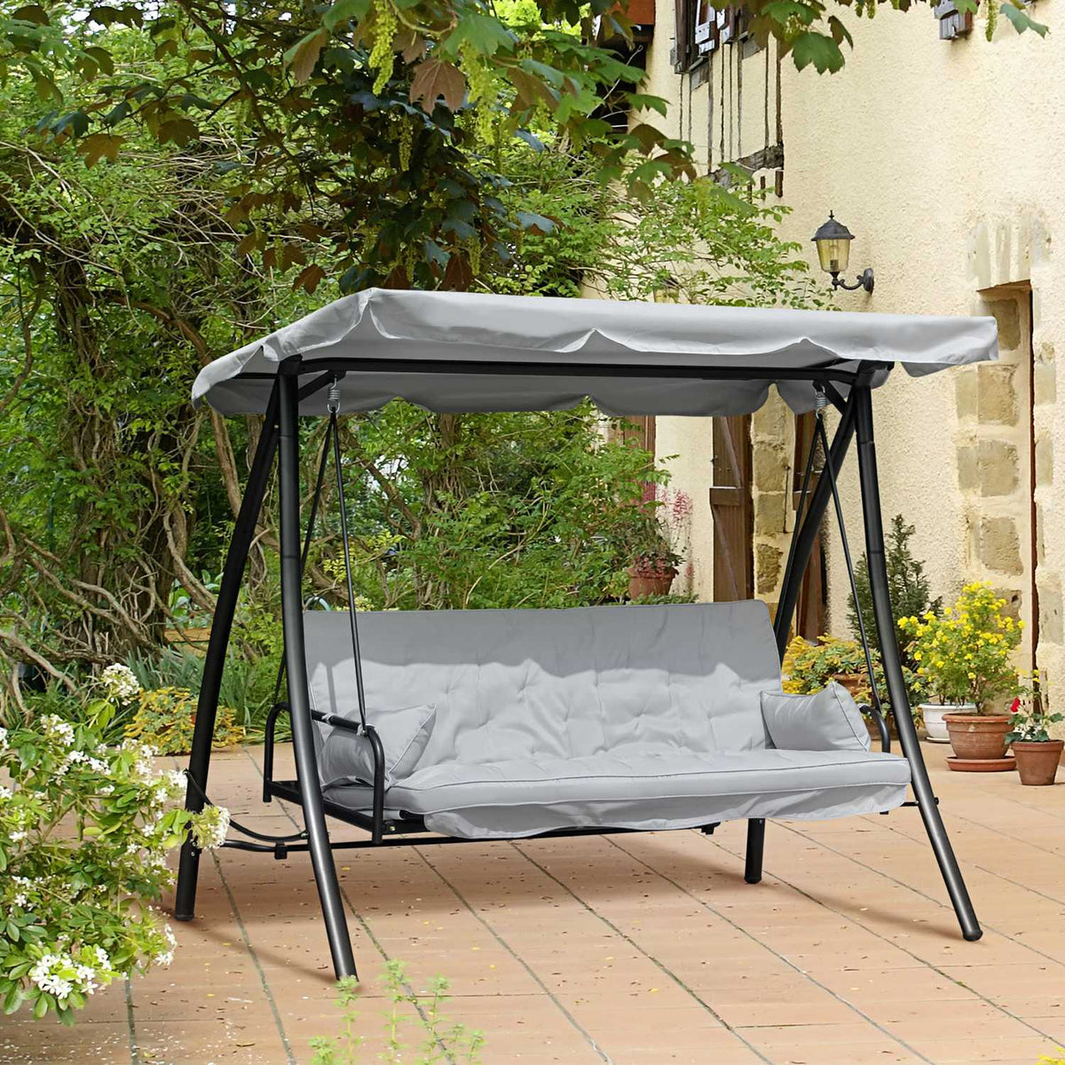 Hollywood Swing Garden Swing Swing Bench With Reclining Function, 3 Seater, Metal + Polyester, White, 209 X 114 X 170 Cm