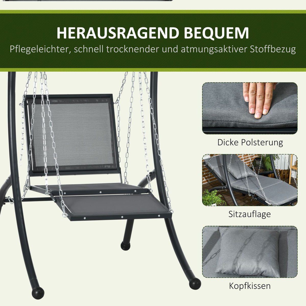 Hollywood Swing Garden Swing With Cushion & Adjustable Sun Canopy, Dark Grey