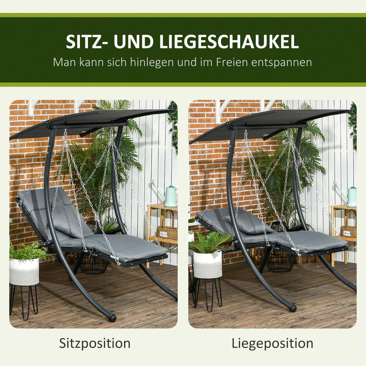 Hollywood Swing Garden Swing With Cushion & Adjustable Sun Canopy, Dark Grey