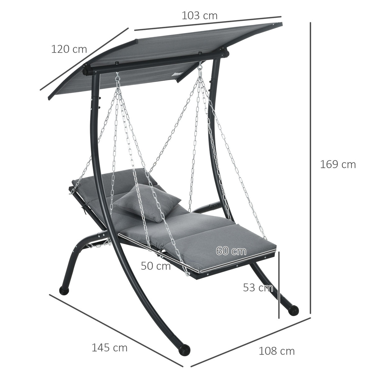 Hollywood Swing Garden Swing With Cushion & Adjustable Sun Canopy, Dark Grey