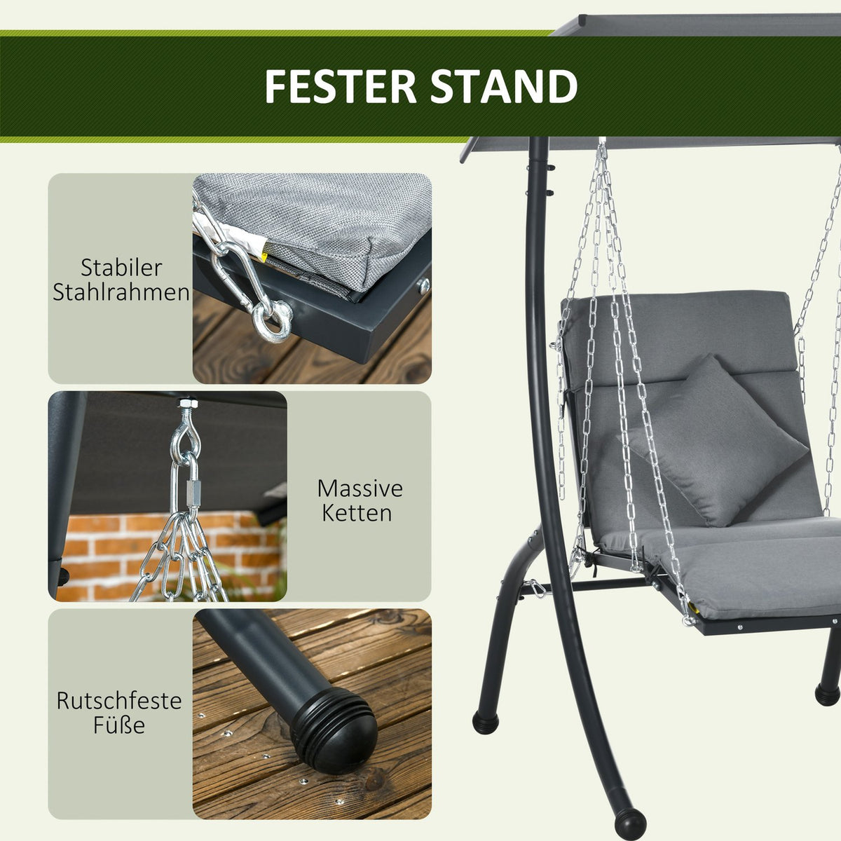 Hollywood Swing Garden Swing With Cushion & Adjustable Sun Canopy, Dark Grey