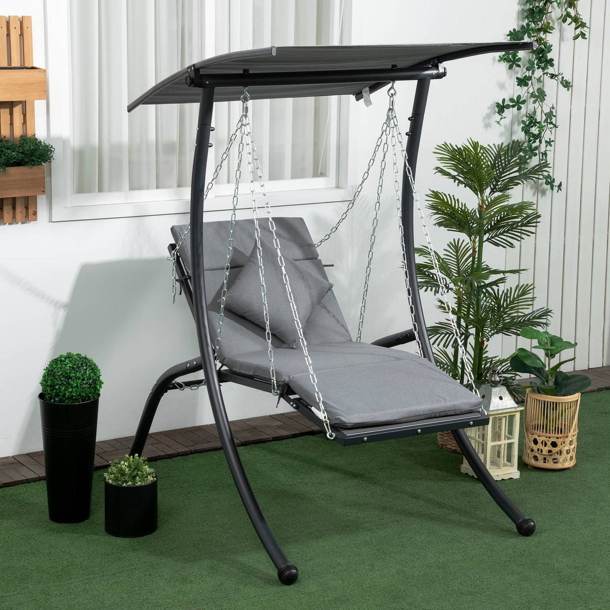 Hollywood Swing Garden Swing With Cushion & Adjustable Sun Canopy, Dark Grey