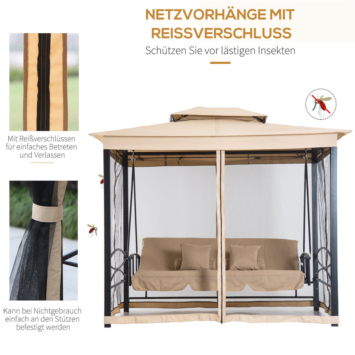 Hollywood Swing Garden Swing With Side Walls 3-Seater Beige 256 X 172 X 248 Cm
