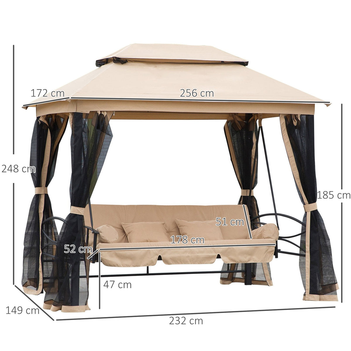 Hollywood Swing Garden Swing With Side Walls 3-Seater Beige 256 X 172 X 248 Cm