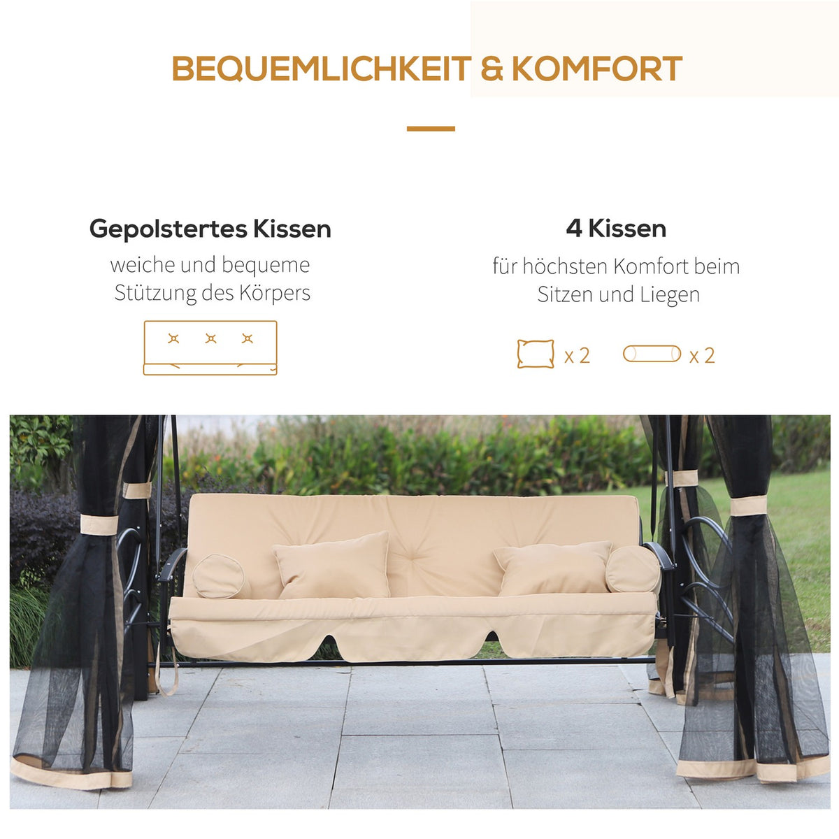 Hollywood Swing Garden Swing With Side Walls 3-Seater Beige 256 X 172 X 248 Cm