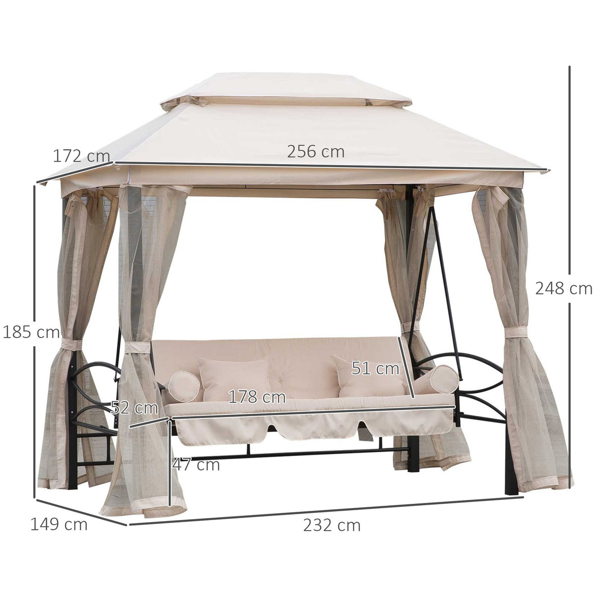 Hollywood Swing Garden Swing With Side Walls, 3-Seater, Beige, 256X172X248Cm