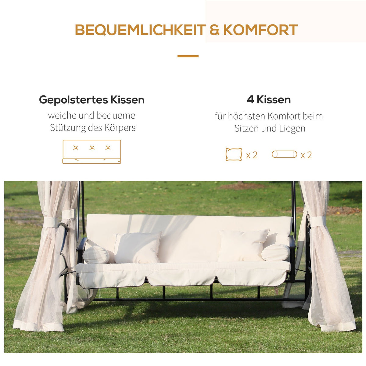 Hollywood Swing Garden Swing With Side Walls, 3-Seater, Beige, 256X172X248Cm
