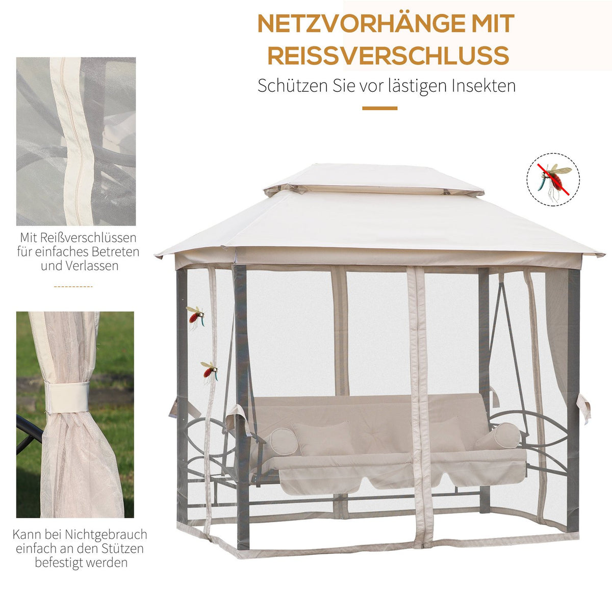 Hollywood Swing Garden Swing With Side Walls, 3-Seater, Beige, 256X172X248Cm