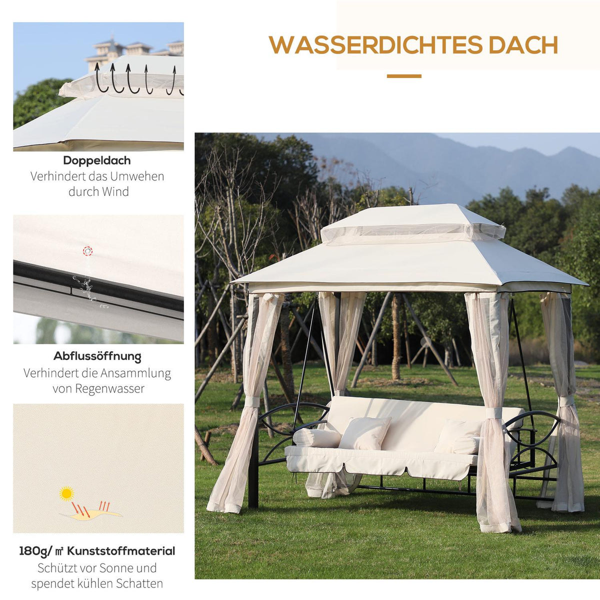 Hollywood Swing Garden Swing With Side Walls, 3-Seater, Beige, 256X172X248Cm