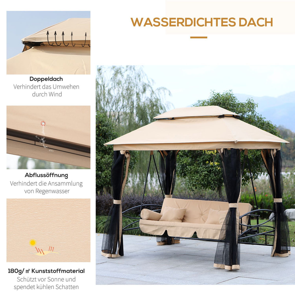 Hollywood Swing Garden Swing With Side Walls 3-Seater Beige 256 X 172 X 248 Cm