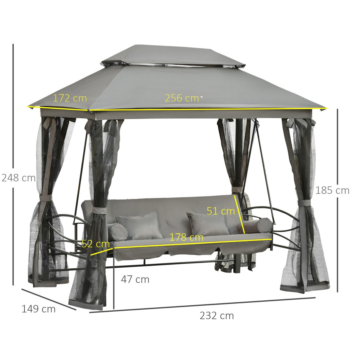 Hollywood Swing Garden Swing With Side Walls 3-Seater Dark Gray 256 X 172 X 248 Cm