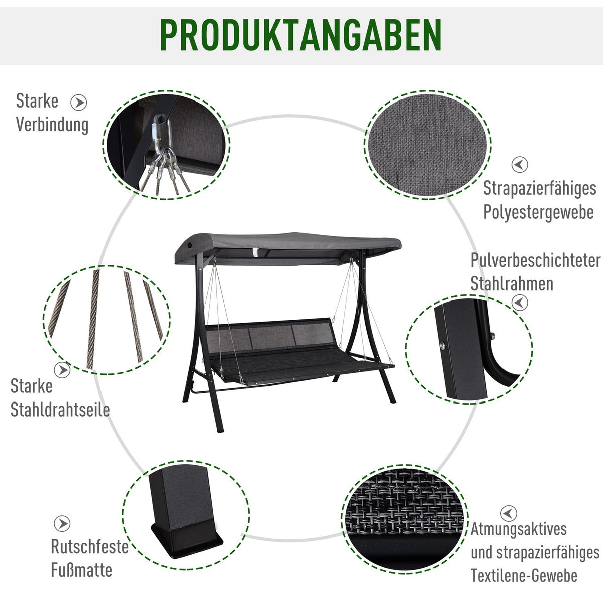 Hollywood Swing Gray 3-Seater Garden Swing With Adjustable Sun Canopy, 200X115X168Cm