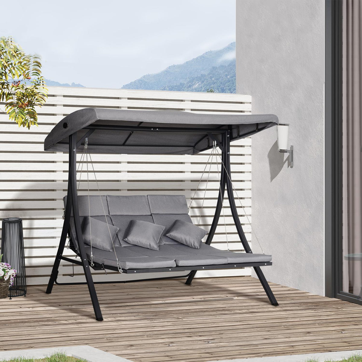 Hollywood Swing Gray 3-Seater Garden Swing With Adjustable Sun Canopy, 200X115X168Cm