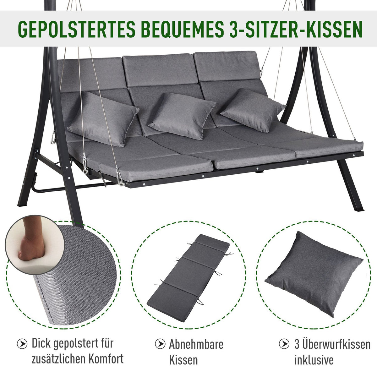 Hollywood Swing Gray 3-Seater Garden Swing With Adjustable Sun Canopy, 200X115X168Cm