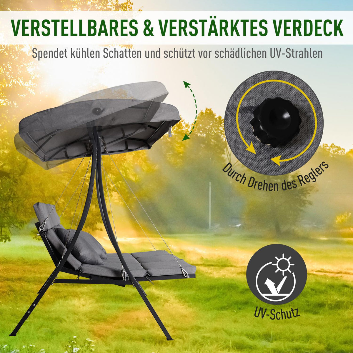 Hollywood Swing Gray 3-Seater Garden Swing With Adjustable Sun Canopy, 200X115X168Cm