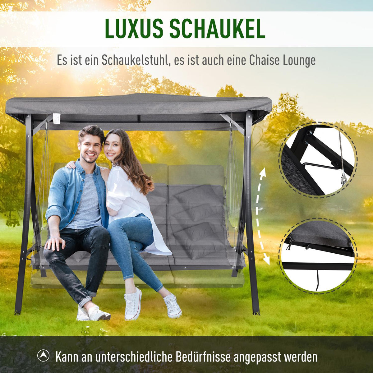Hollywood Swing Gray 3-Seater Garden Swing With Adjustable Sun Canopy, 200X115X168Cm