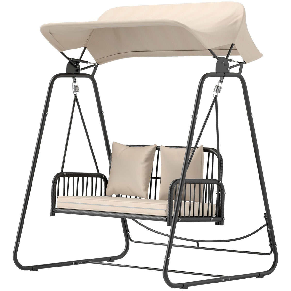 Hollywood Swing Rattan 2-Seater Garden Swing with Adjustable Sun Canopy Cushion Hanging Bench Holds up to 240 kg Hanging Swing Bench for Garden Balcony 149 x 121 x 180 cm Khaki